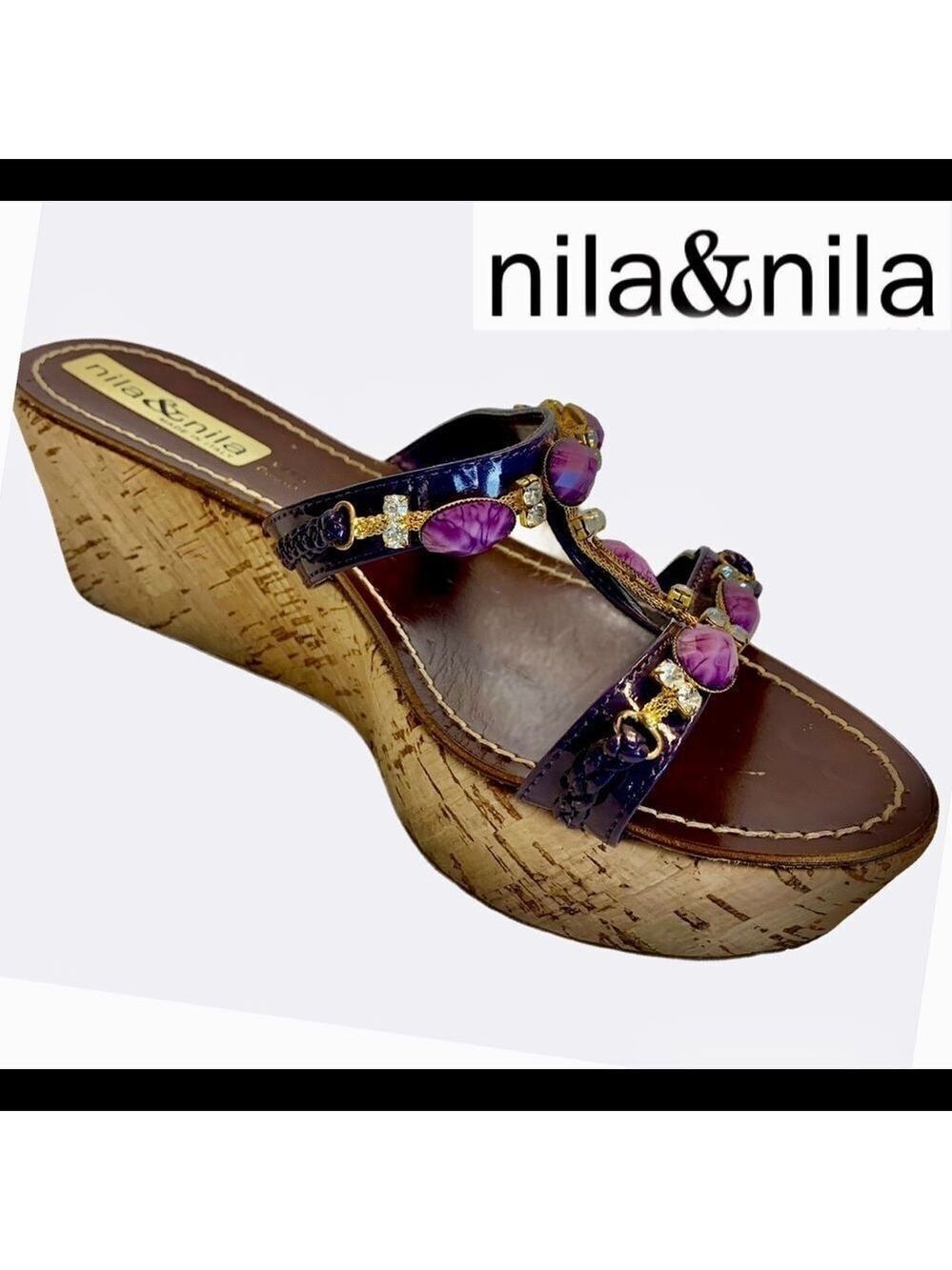 Nils & Nila purple rhinestone and jewel sandals platform cork